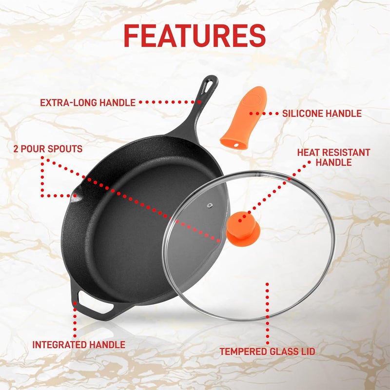 NutriChef 12-Inch Cast Iron Skillet w/Lid - Pre-Seasoned, Oven Safe, Nonstick, Cool-Touch Silicone Handle, For All Cooktops - NCCI12 - Image 3
